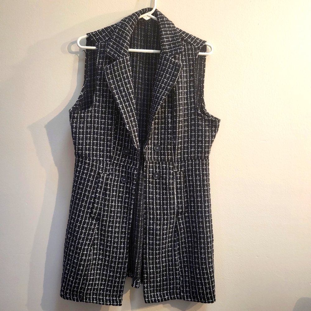 SHEIN CLASI WOMEN'S SLEEVELESS  BUTTON DETAIL  PLAID CASUAL VEST JACKET XL BLACK